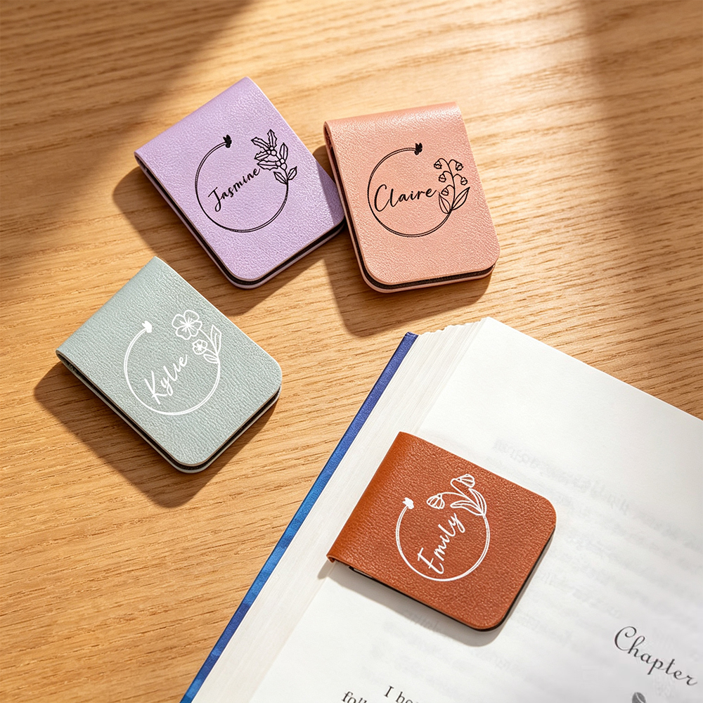 Personalized Birth Flower Magnetic Leather Bookmark with Name, Custom Reading Gift for Book Lovers