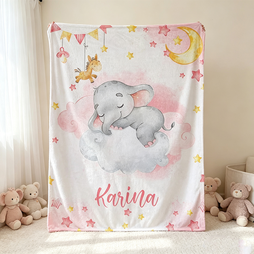 Personalized Cute Baby Elephant Soft Throw Blanket with Name, Sweet Dreams Nursery Decor, Custom Birthday Christmas Gift for Kids and Toddlers