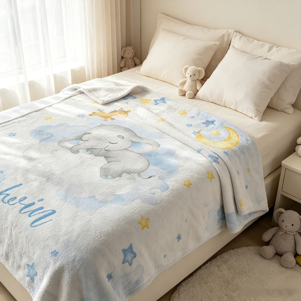 Personalized Cute Baby Elephant Soft Throw Blanket with Name, Sweet Dreams Nursery Decor, Custom Birthday Christmas Gift for Kids and Toddlers
