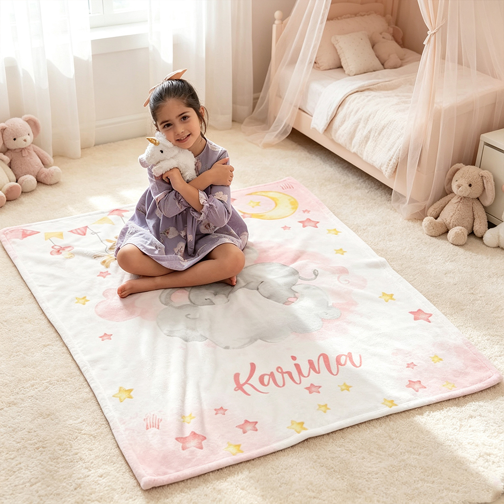 Personalized Cute Baby Elephant Soft Throw Blanket with Name, Sweet Dreams Nursery Decor, Custom Birthday Christmas Gift for Kids and Toddlers