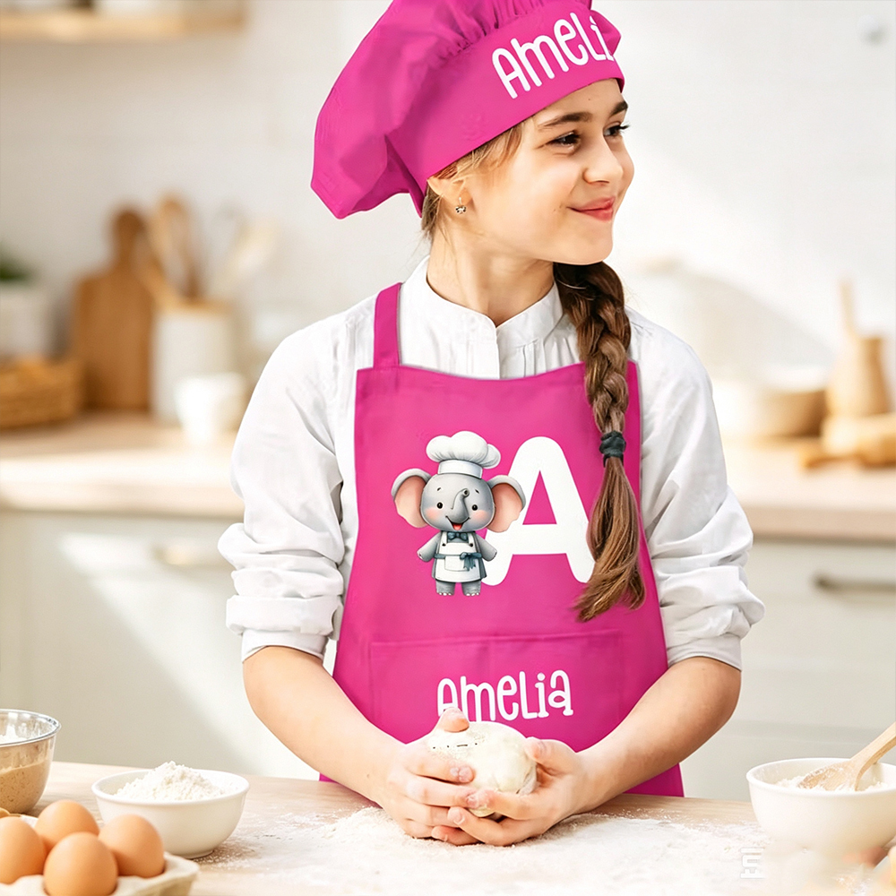 Personalized Animal Chef Costume Set for Kids, Custom Name Initial Apron with Matching Chef Hat, Cooking Baking Gift for Boys Girls