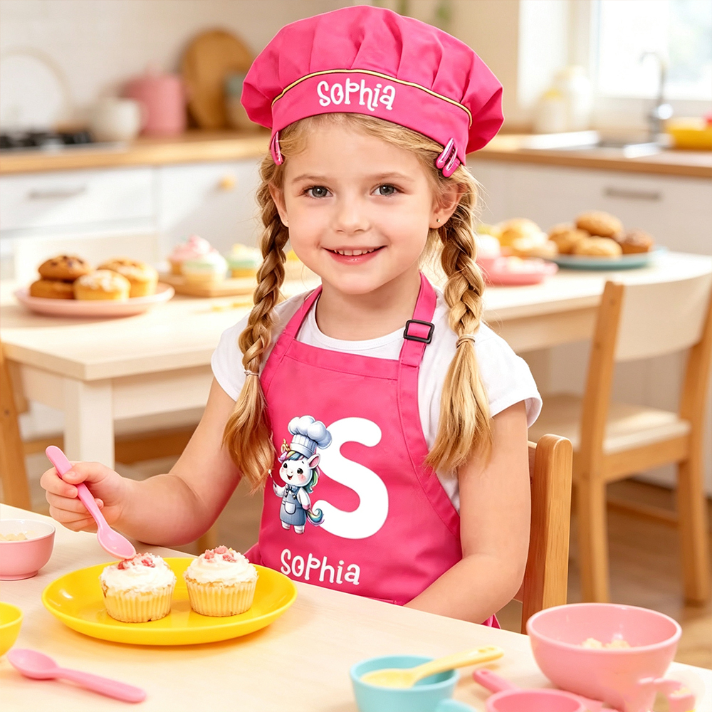 Personalized Animal Chef Costume Set for Kids, Custom Name Initial Apron with Matching Chef Hat, Cooking Baking Gift for Boys Girls