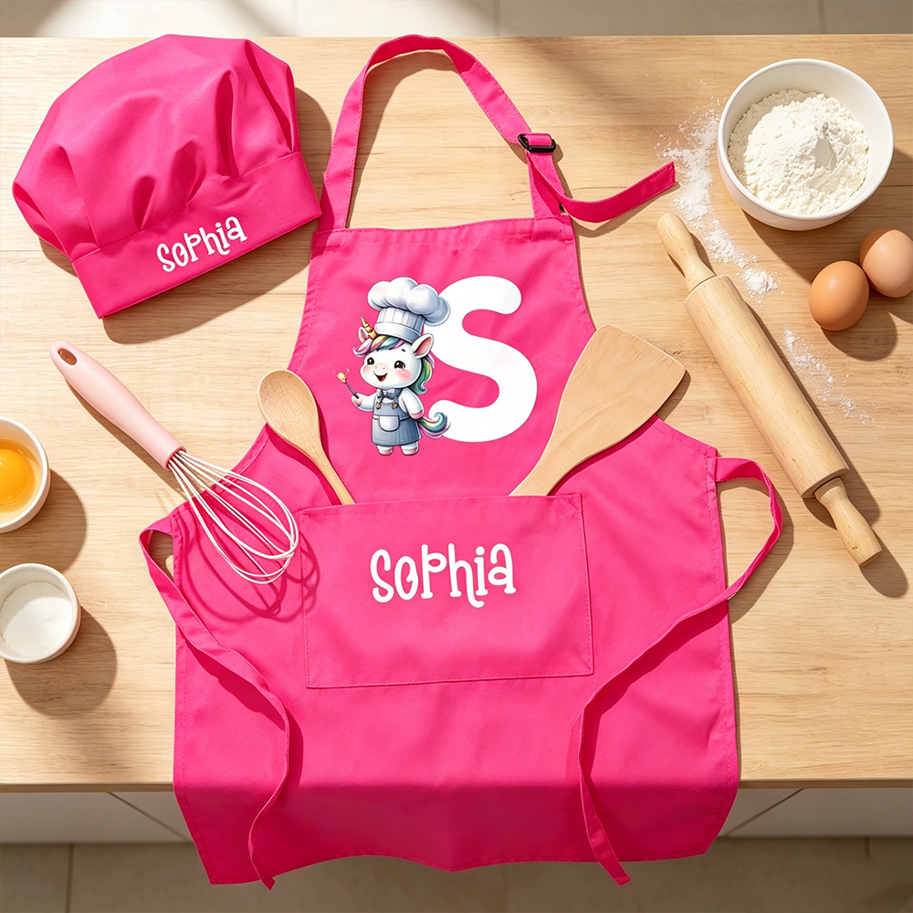 Personalized Animal Chef Costume Set for Kids, Custom Name Initial Apron with Matching Chef Hat, Cooking Baking Gift for Boys Girls