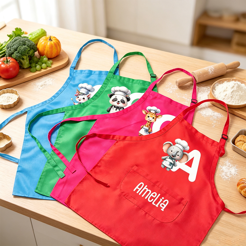 Personalized Animal Chef Costume Set for Kids, Custom Name Initial Apron with Matching Chef Hat, Cooking Baking Gift for Boys Girls