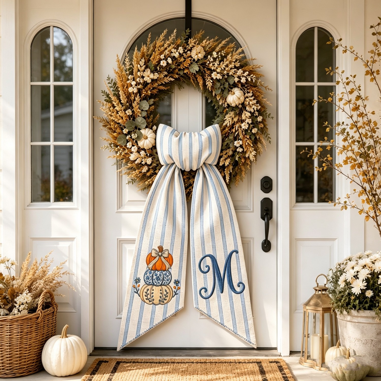 Personalized Pumpkin Wreath Sash, Embroidered Initial Fall Door Decor, Toile Front Door Bow