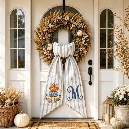 Personalized Pumpkin Wreath Sash, Embroidered Initial Fall Door Decor, Toile Front Door Bow