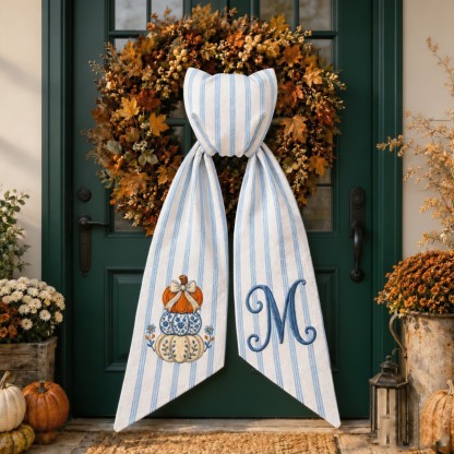 Personalized Pumpkin Wreath Sash, Embroidered Initial Fall Door Decor, Toile Front Door Bow