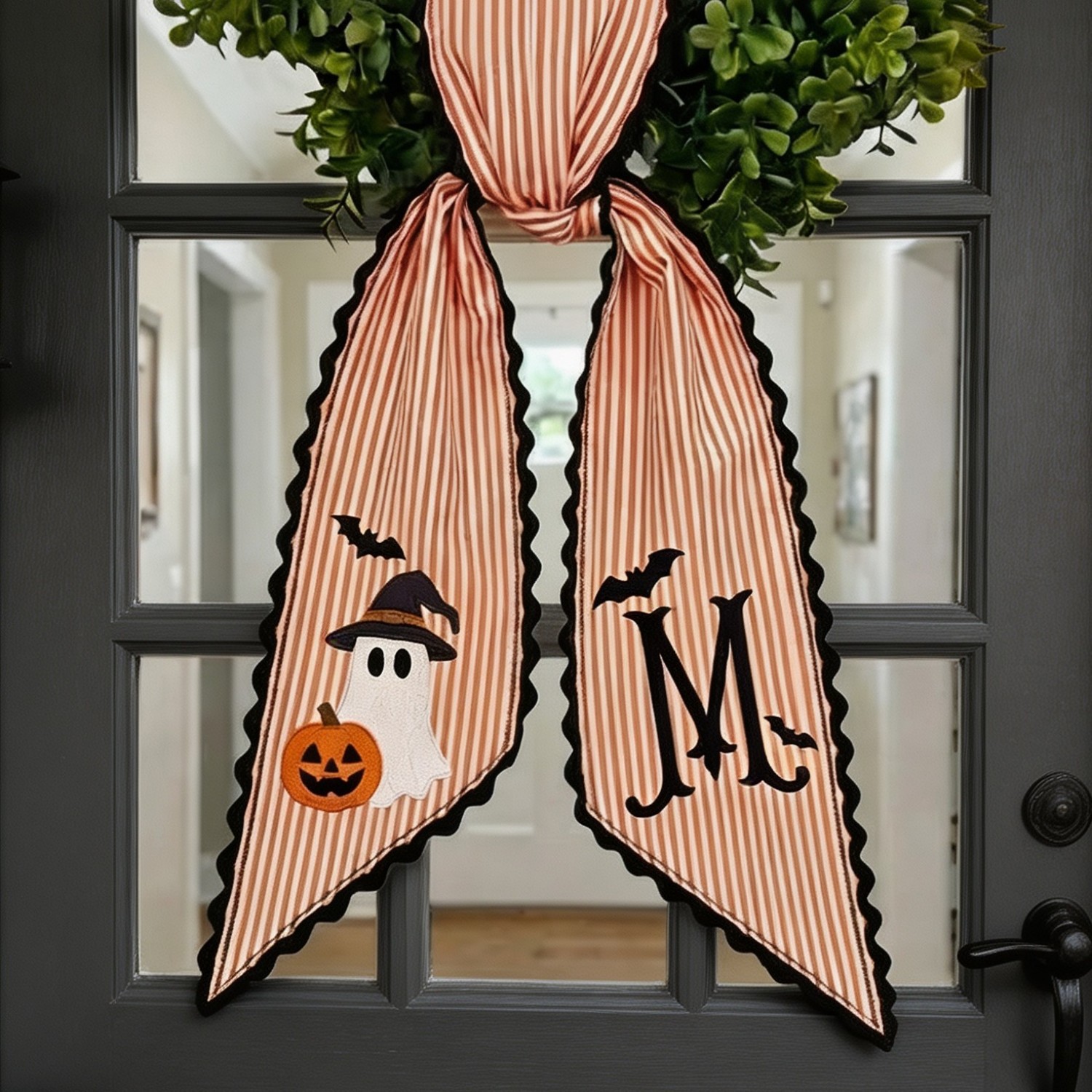 Personalized Halloween Wreath Sash, Embroidered Witch & Ghost Designs, Custom Front Door Wreath Decor