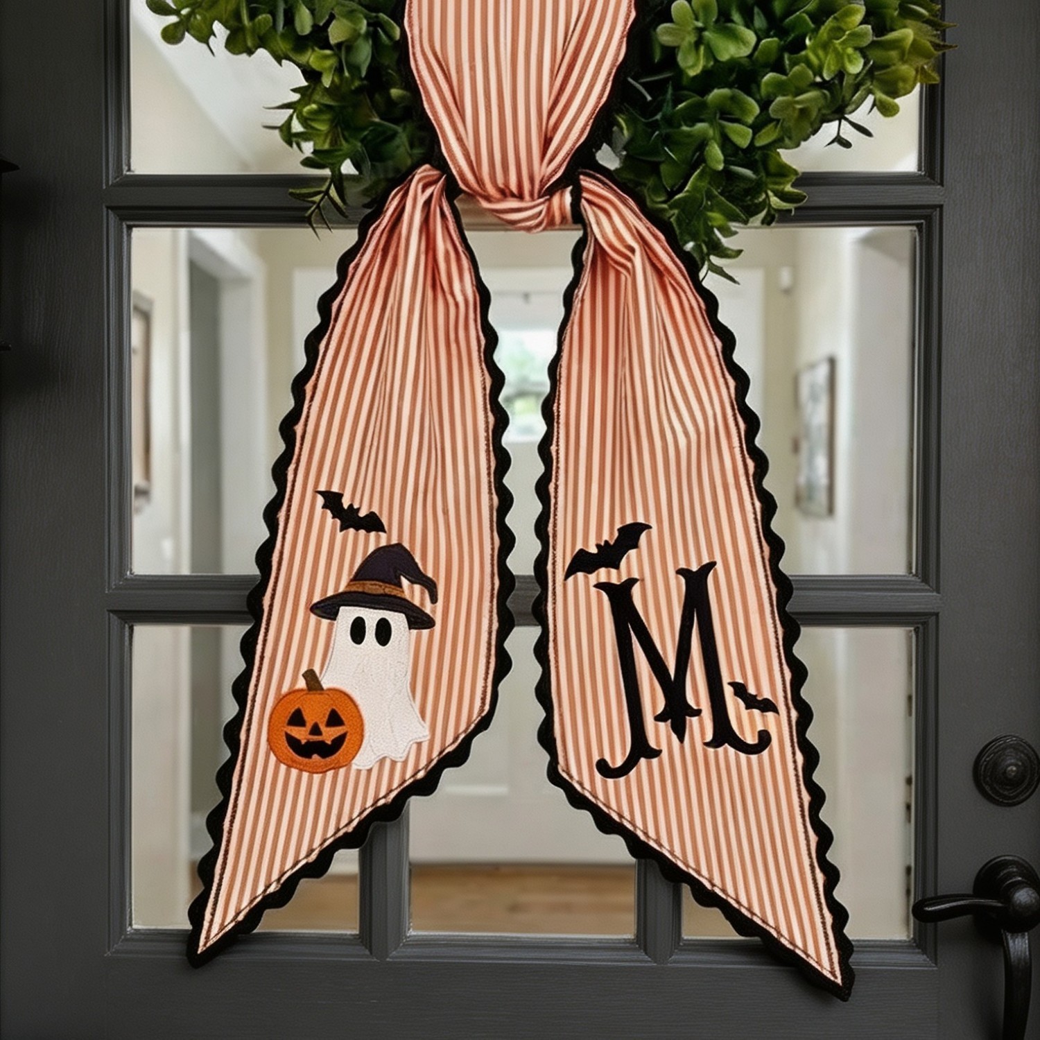Personalized Halloween Wreath Sash, Embroidered Witch & Ghost Designs, Custom Front Door Wreath Decor
