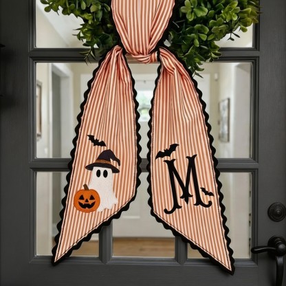 Personalized Halloween Wreath Sash, Embroidered Witch & Ghost Designs, Custom Front Door Wreath Decor