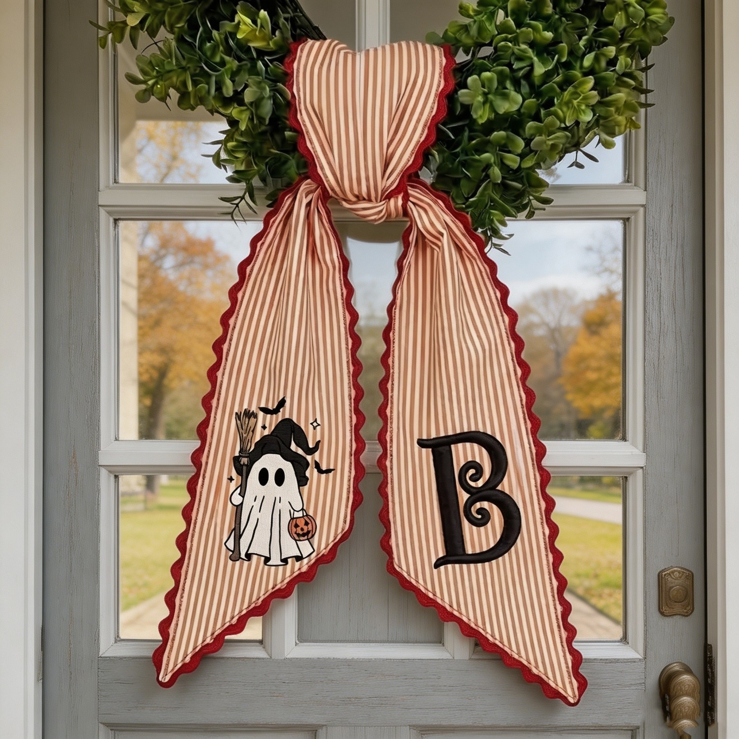Personalized Halloween Wreath Sash, Embroidered Witch & Ghost Designs, Custom Front Door Wreath Decor