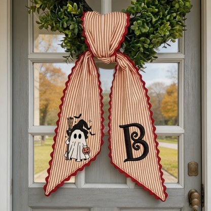 Personalized Halloween Wreath Sash, Embroidered Witch & Ghost Designs, Custom Front Door Wreath Decor