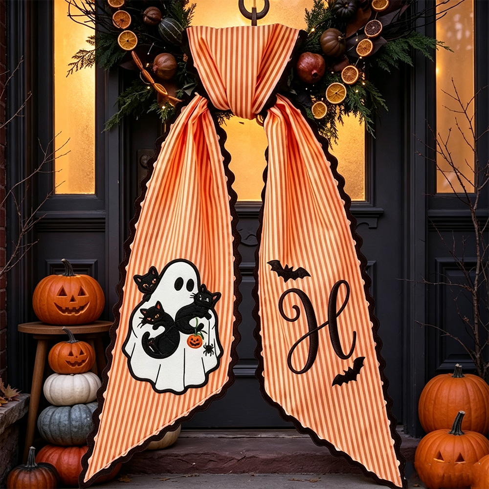 Personalized Halloween Wreath Sash, Embroidered Ghost & Pumpkin Designs, Striped Front Door Decor with Ric Rac Trim
