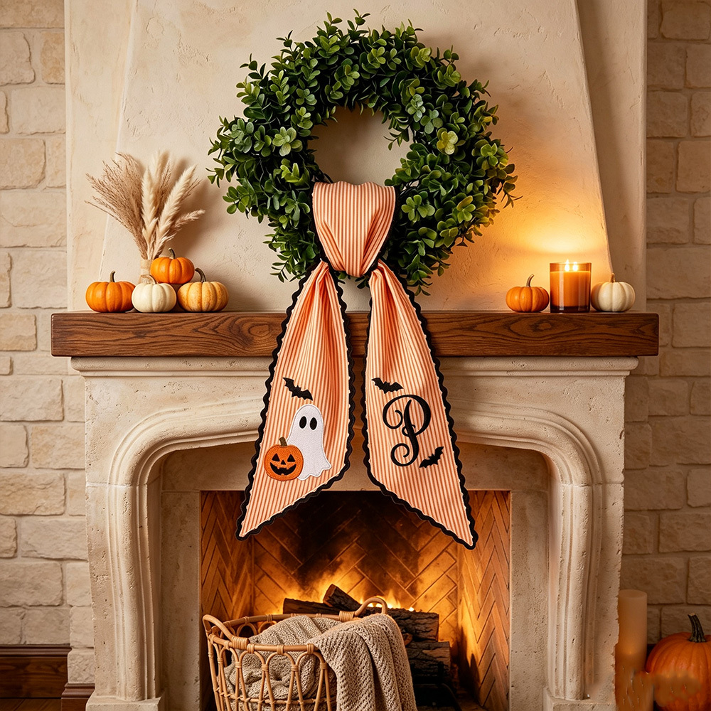 Personalized Halloween Wreath Sash, Embroidered Ghost & Pumpkin Designs, Striped Front Door Decor with Ric Rac Trim