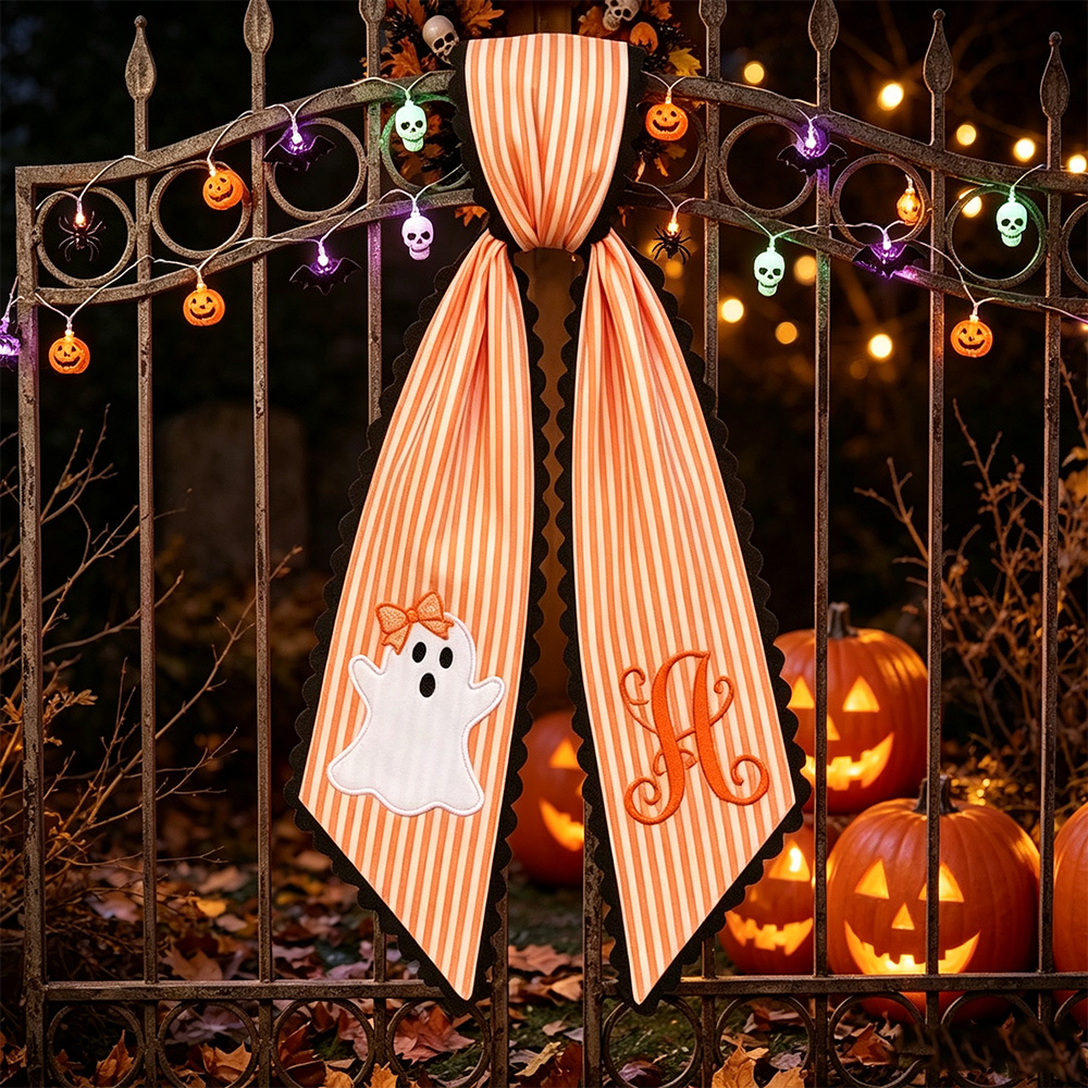 Personalized Halloween Wreath Sash, Embroidered Ghost & Pumpkin Designs, Striped Front Door Decor with Ric Rac Trim
