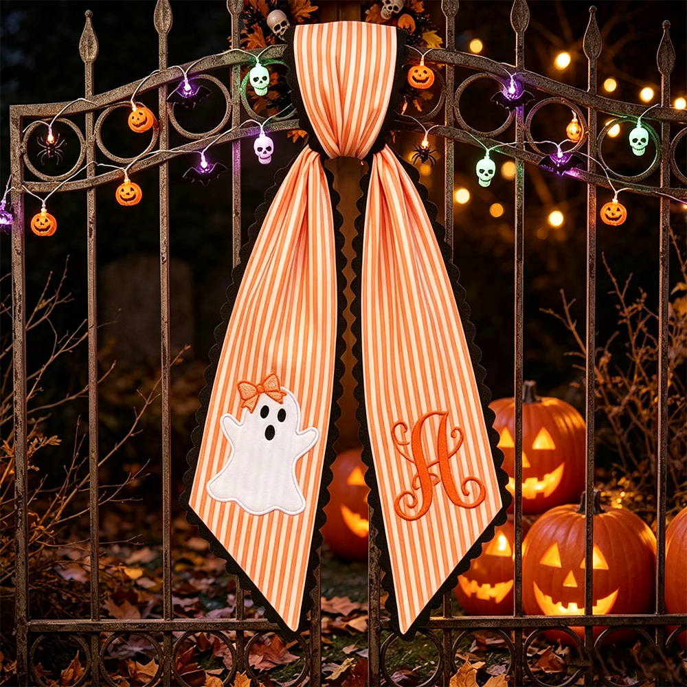 Personalized Halloween Wreath Sash, Embroidered Ghost & Pumpkin Designs, Striped Front Door Decor with Ric Rac Trim