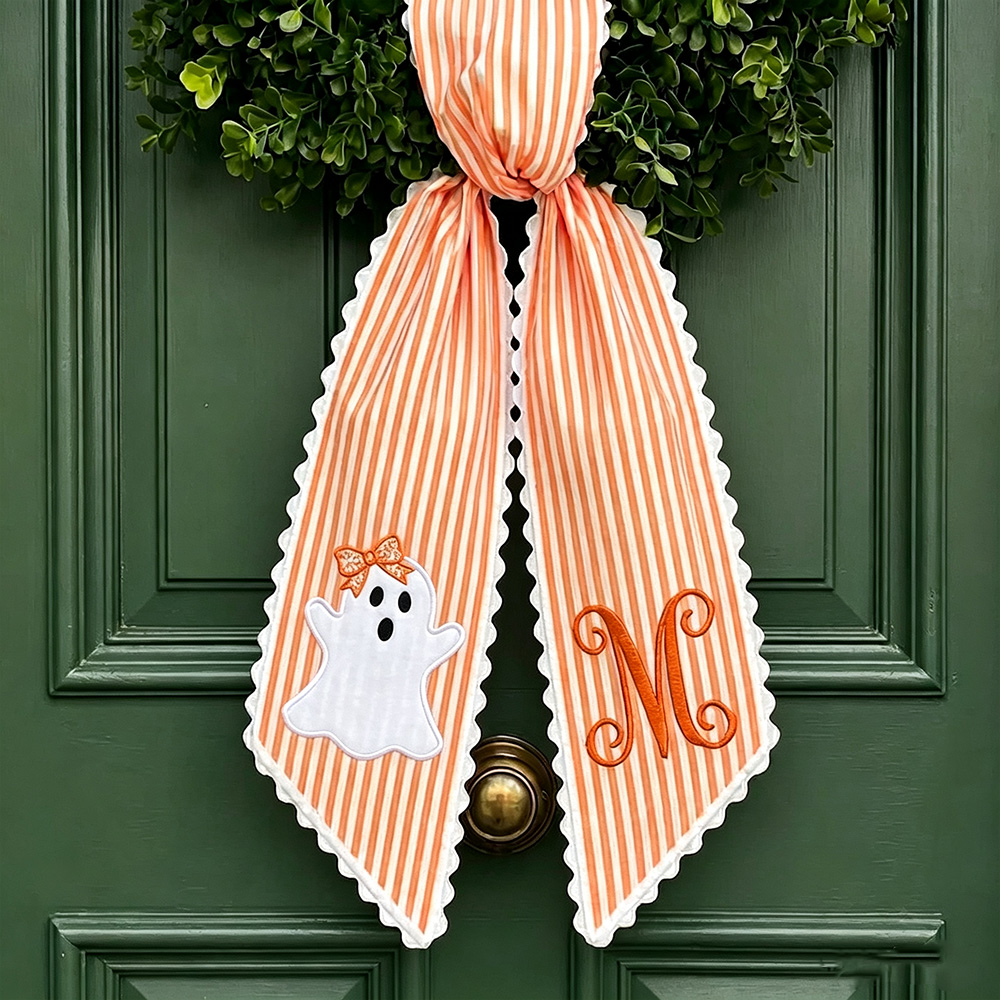Personalized Halloween Wreath Sash, Embroidered Ghost & Pumpkin Designs, Striped Front Door Decor with Ric Rac Trim