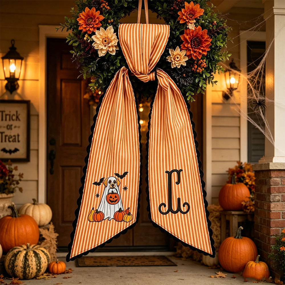 Personalized Halloween Wreath Sash, Embroidered Ghost & Pumpkin Designs, Striped Front Door Decor with Ric Rac Trim