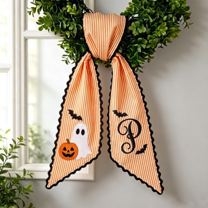 Personalized Halloween Wreath Sash, Embroidered Ghost & Pumpkin Designs, Striped Front Door Decor with Ric Rac Trim