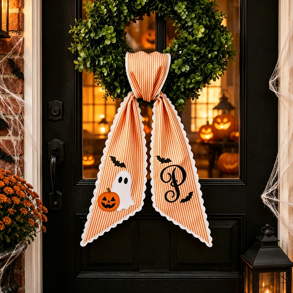 Personalized Halloween Wreath Sash, Embroidered Ghost & Pumpkin Designs, Striped Front Door Decor with Ric Rac Trim