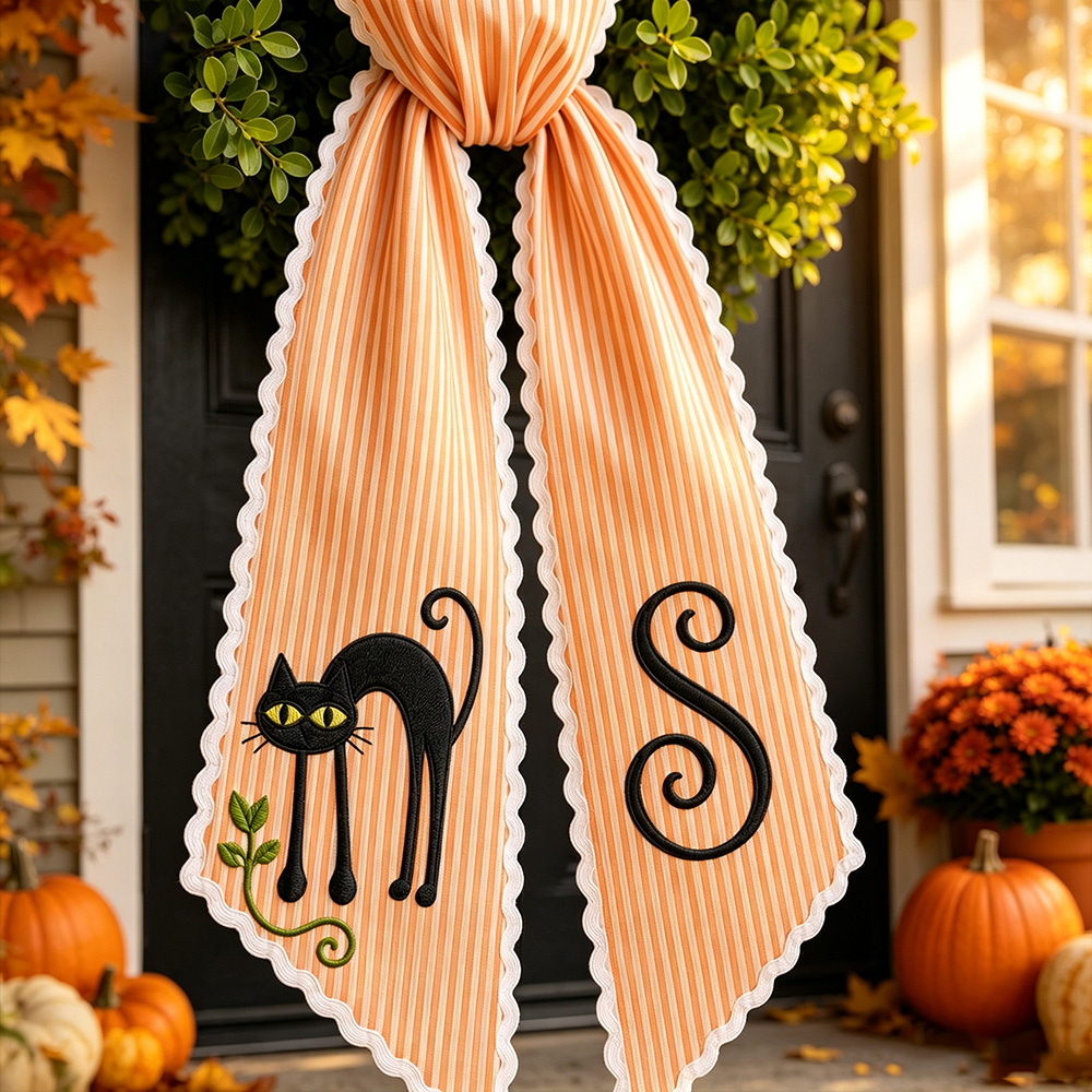 Personalized Seasonal Wreath Sash, Custom Embroidered Gingham Door Bow, Fall & Halloween Front Door Decor