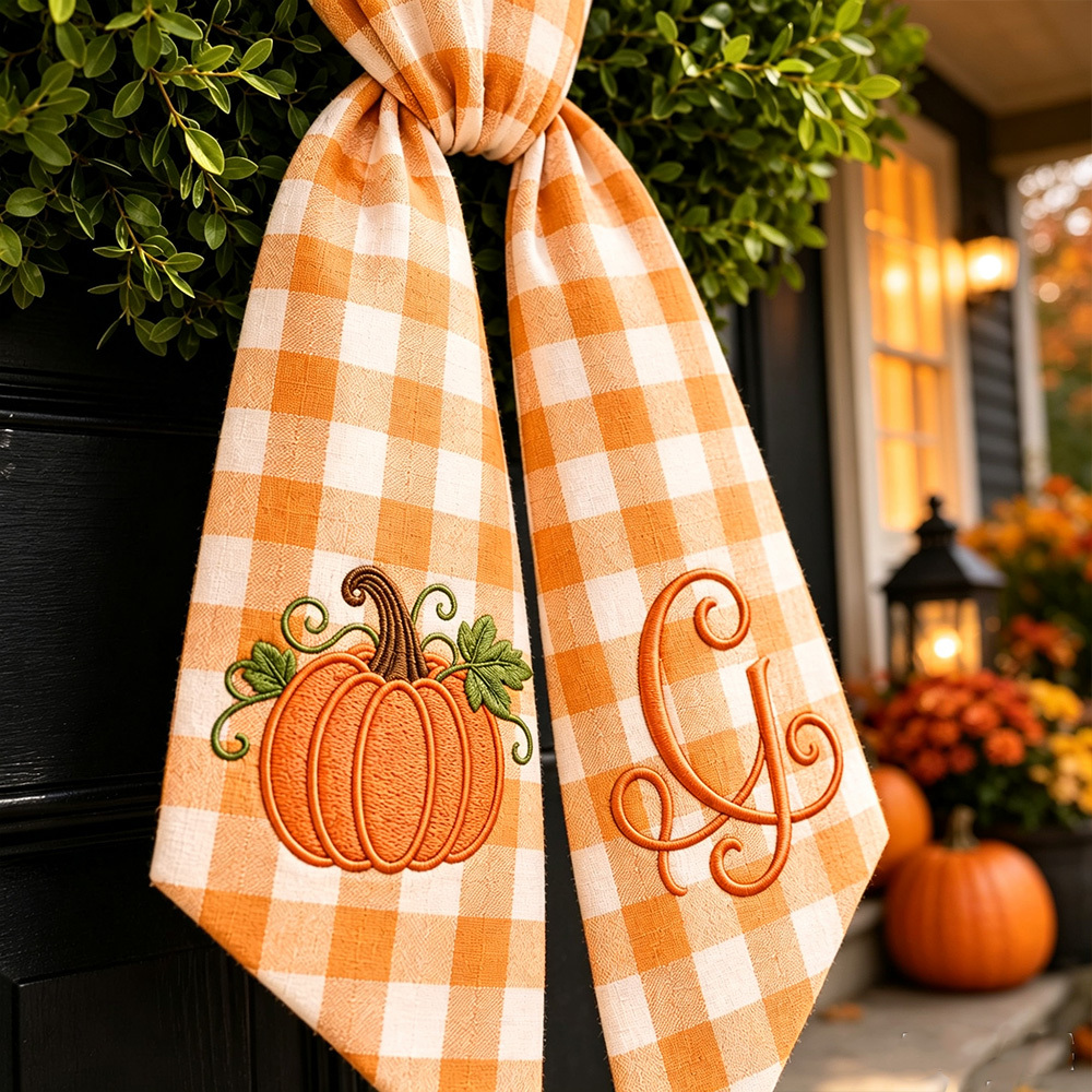 Personalized Seasonal Wreath Sash, Custom Embroidered Gingham Door Bow, Fall & Halloween Front Door Decor