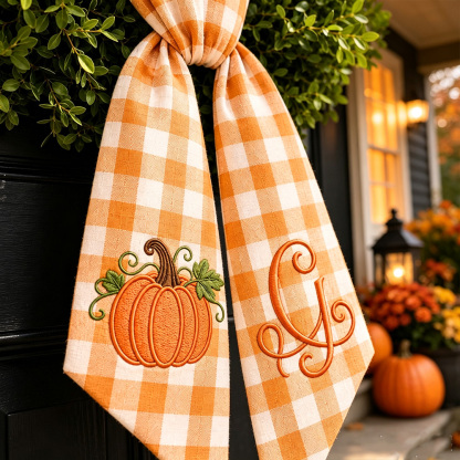 Personalized Seasonal Wreath Sash, Custom Embroidered Gingham Door Bow, Fall & Halloween Front Door Decor
