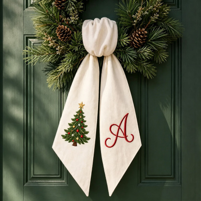 Personalized Christmas Wreath Sash, Embroidered Ornament & Monogram, Buffalo Check Holiday Front Door Wreath Decor