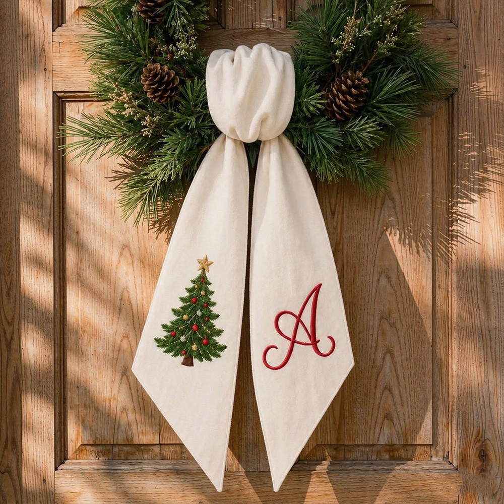 Personalized Christmas Wreath Sash, Embroidered Ornament & Monogram, Buffalo Check Holiday Front Door Wreath Decor