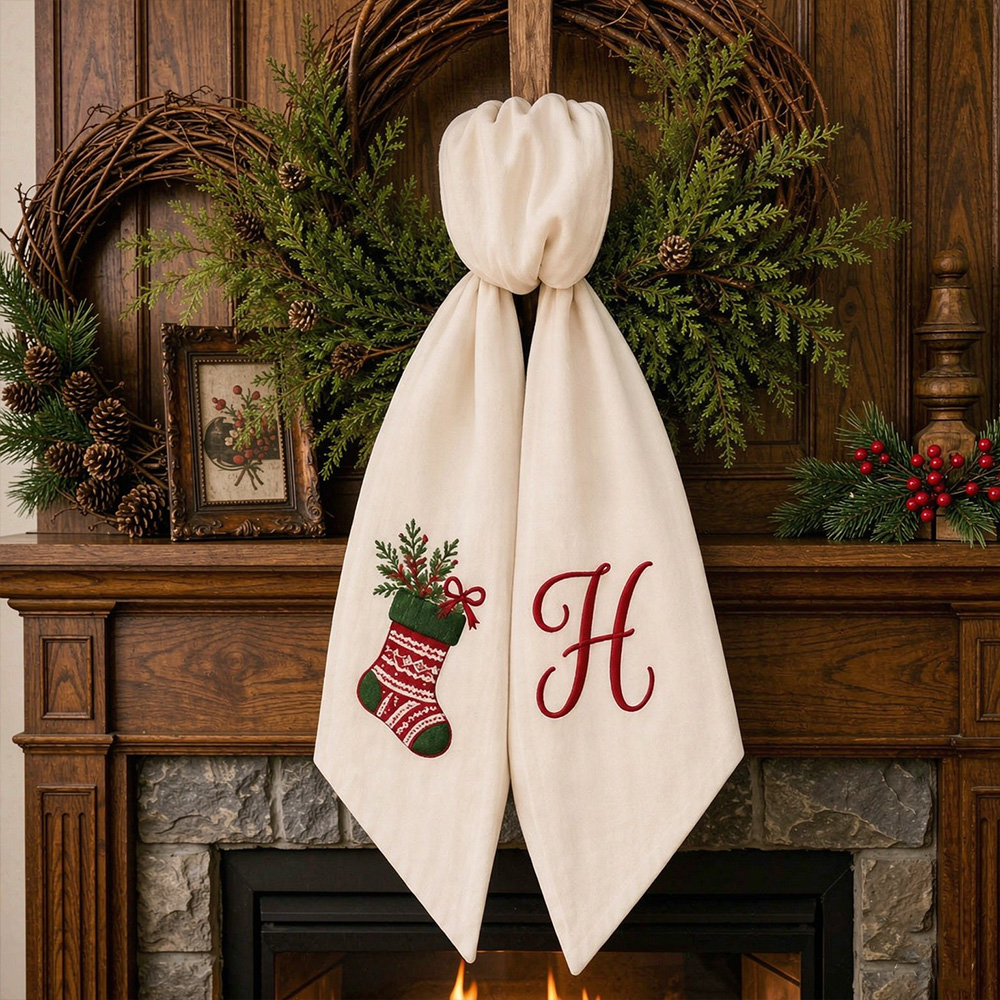 Personalized Christmas Wreath Sash, Embroidered Ornament & Monogram, Buffalo Check Holiday Front Door Wreath Decor