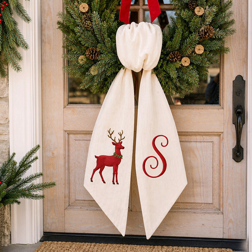 Personalized Christmas Wreath Sash, Embroidered Ornament & Monogram, Buffalo Check Holiday Front Door Wreath Decor