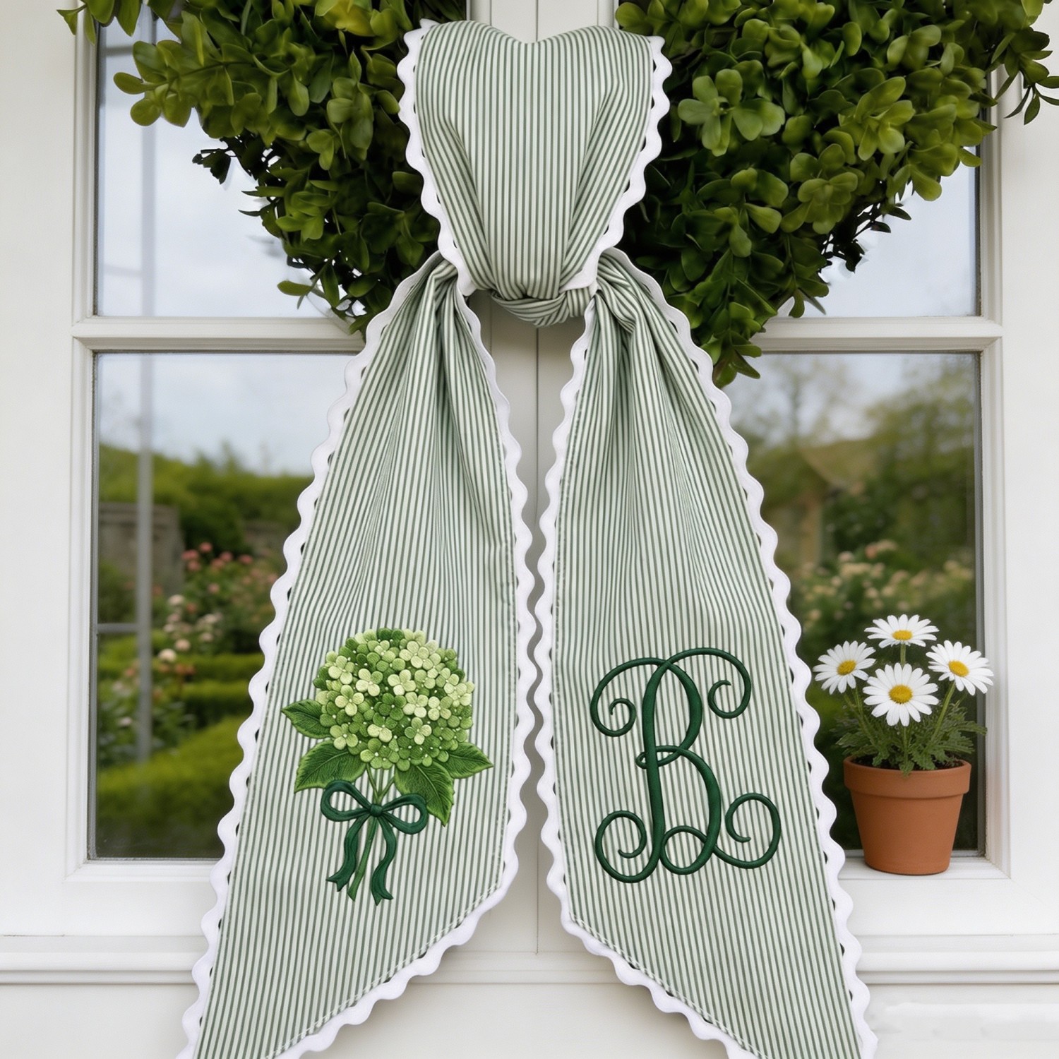 Personalized Hydrangea Wreath Sash, Embroidered Ticking Stripe Door Bow, Custom Initial Front Door Wreath Decor