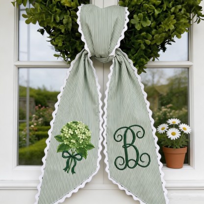 Personalized Hydrangea Wreath Sash, Embroidered Ticking Stripe Door Bow, Custom Initial Front Door Wreath Decor