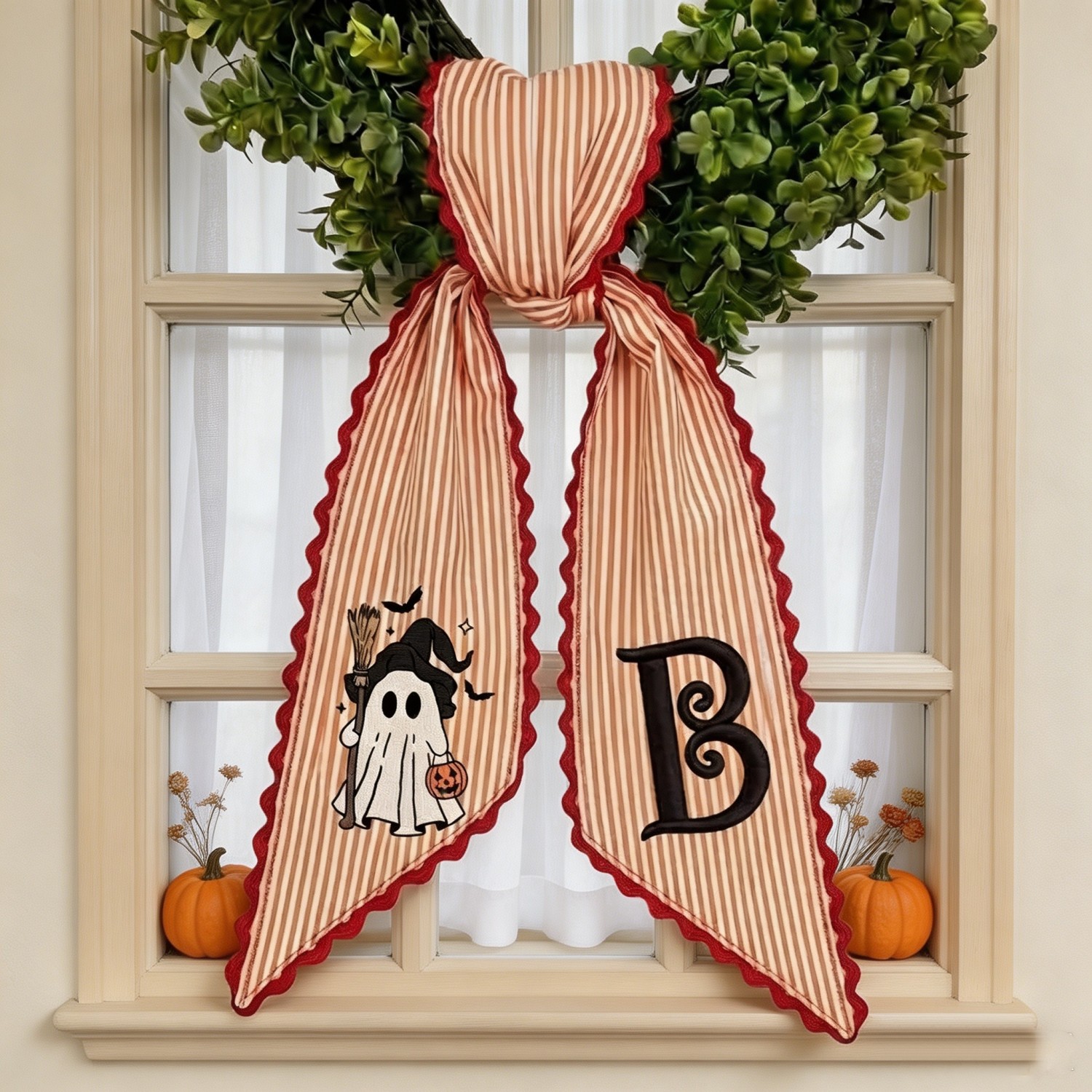 Personalized Halloween Wreath Sash, Embroidered Witch & Ghost Designs, Custom Front Door Wreath Decor