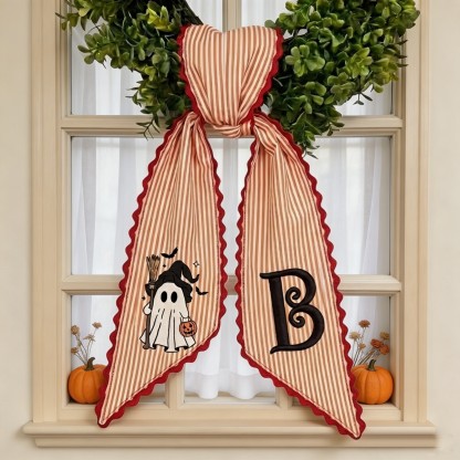 Personalized Halloween Wreath Sash, Embroidered Witch & Ghost Designs, Custom Front Door Wreath Decor
