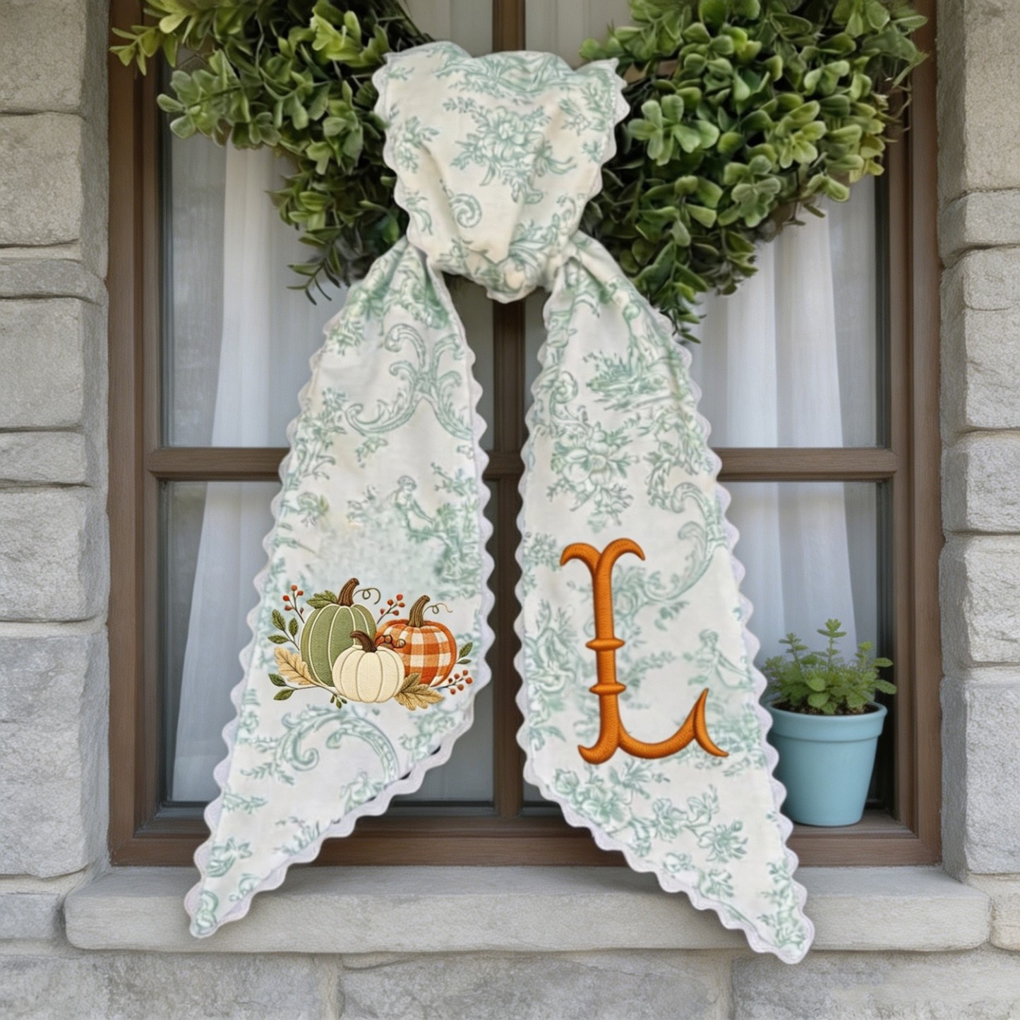 Personalized Pumpkin Wreath Sash, Embroidered Initial Fall Door Decor, Toile Front Door Bow