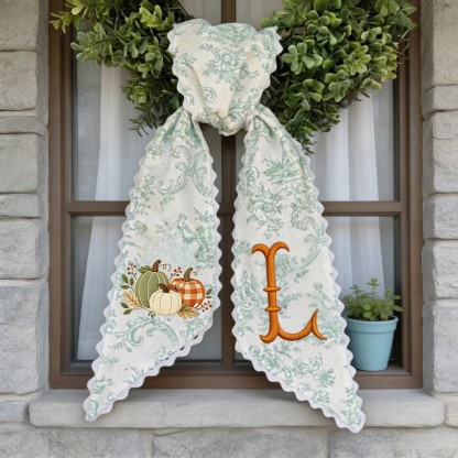 Personalized Pumpkin Wreath Sash, Embroidered Initial Fall Door Decor, Toile Front Door Bow