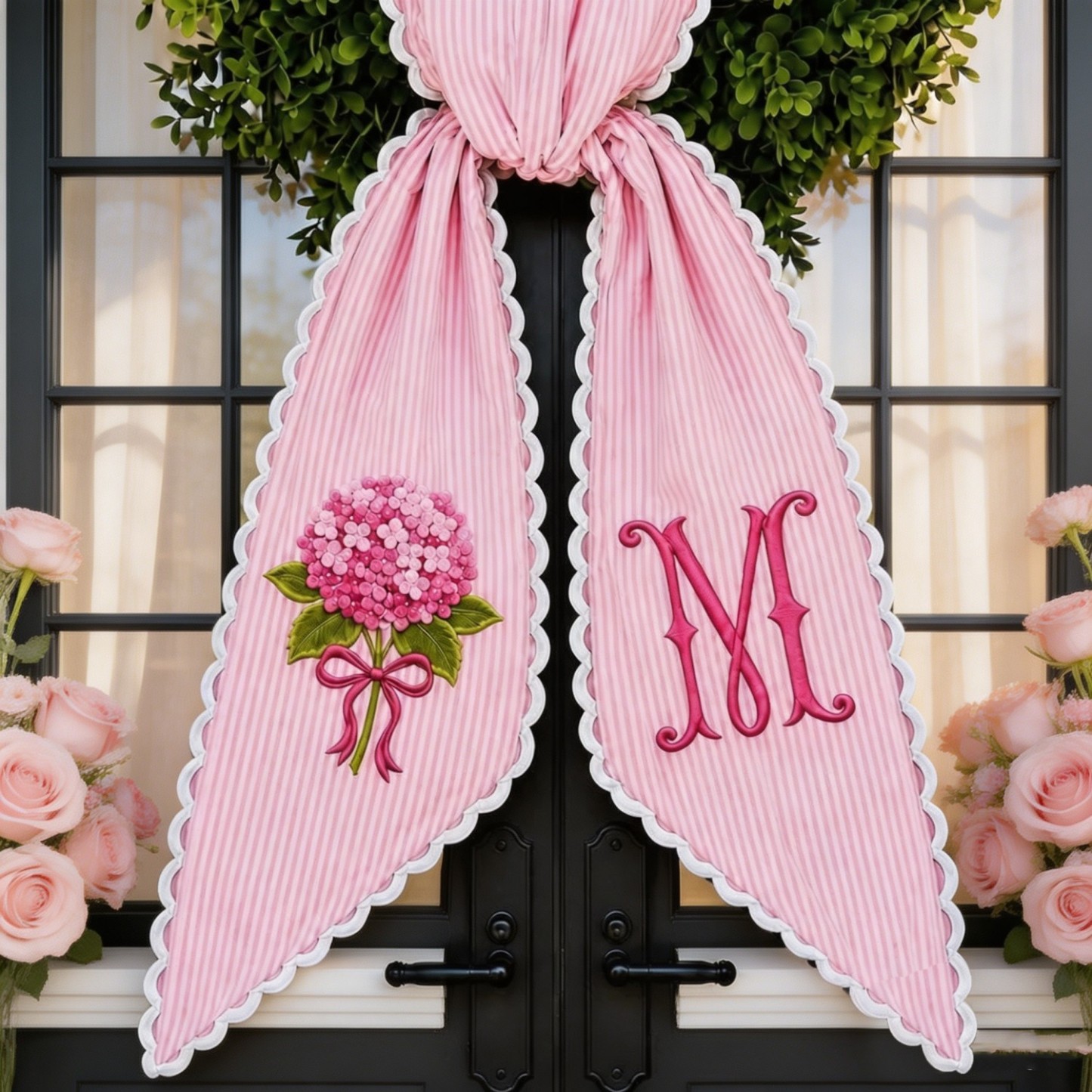 Personalized Hydrangea Wreath Sash, Embroidered Ticking Stripe Door Bow, Custom Initial Front Door Wreath Decor