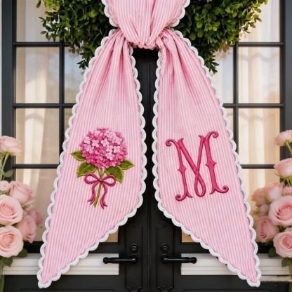 Personalized Hydrangea Wreath Sash, Embroidered Ticking Stripe Door Bow, Custom Initial Front Door Wreath Decor