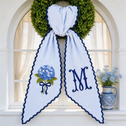 Personalized Hydrangea Wreath Sash, Embroidered Ticking Stripe Door Bow, Custom Initial Front Door Wreath Decor