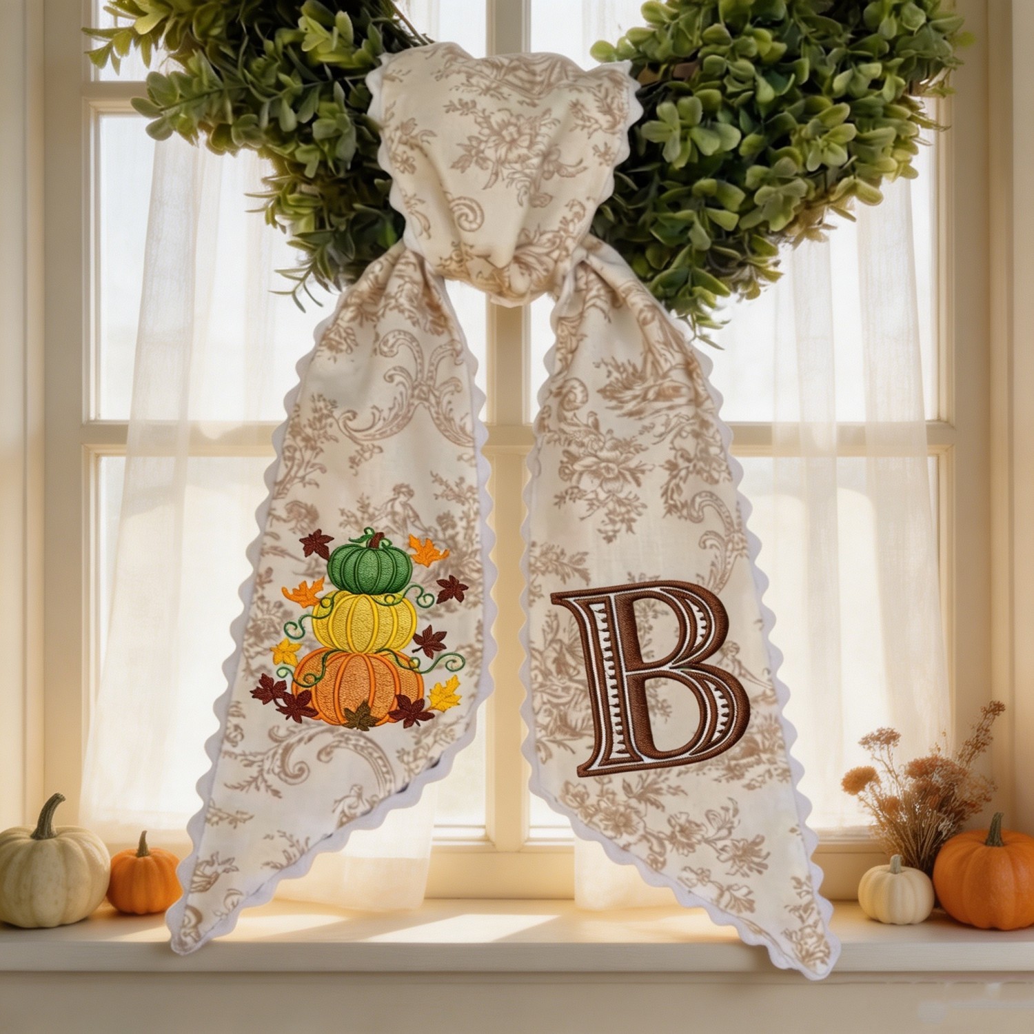 Personalized Pumpkin Wreath Sash, Embroidered Initial Fall Door Decor, Toile Front Door Bow