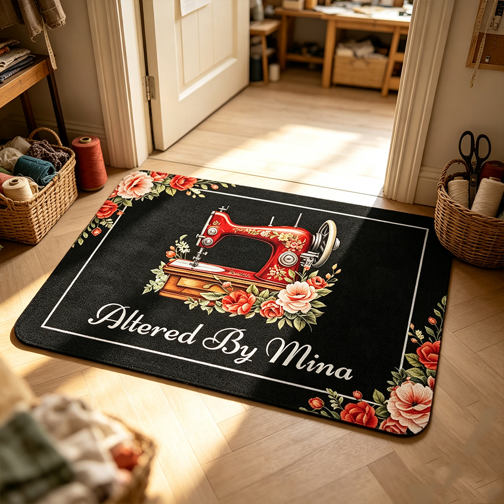 Personalized Sewing Lover Doormat with Floral Sewing Machine Design, Non-Slip Indoor Outdoor Mat, Sewing Room Decor, Housewarming Gift for Her