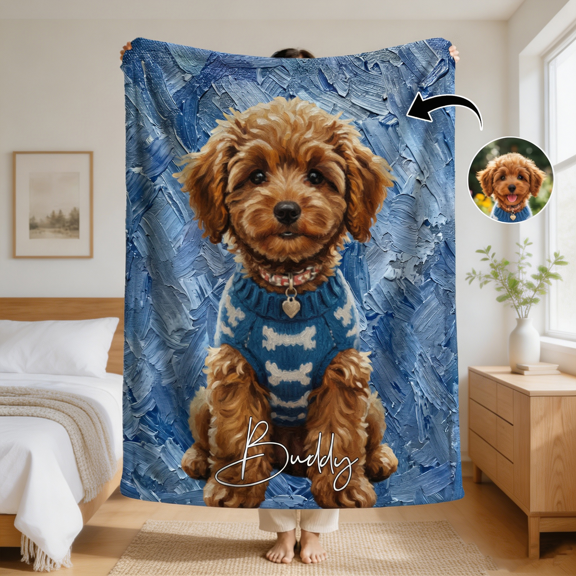 Personalized Pet Photo Throw Blanket with Name, Custom Oil Painting Style Blanket, Pet Memorial Gift for Dog & Cat Lovers