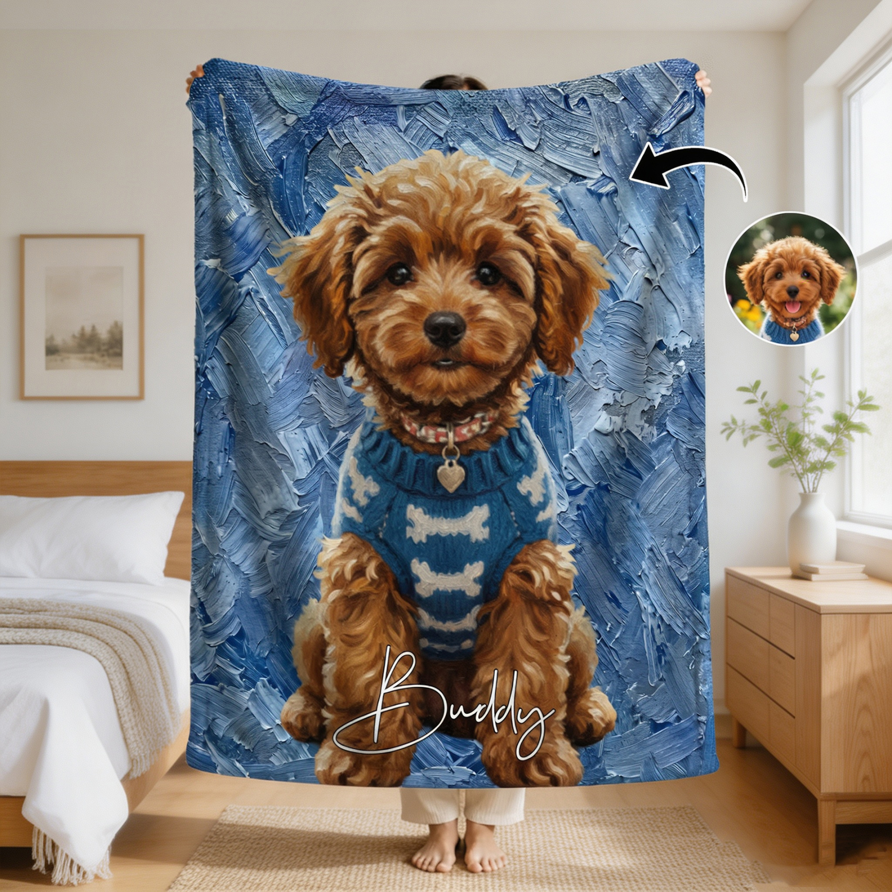 Personalized Pet Photo Throw Blanket with Name, Custom Oil Painting Style Blanket, Pet Memorial Gift for Dog & Cat Lovers