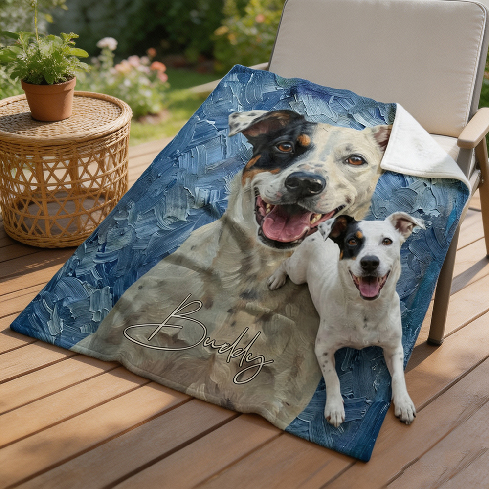 Personalized Pet Photo Throw Blanket with Name, Custom Oil Painting Style Blanket, Pet Memorial Gift for Dog & Cat Lovers