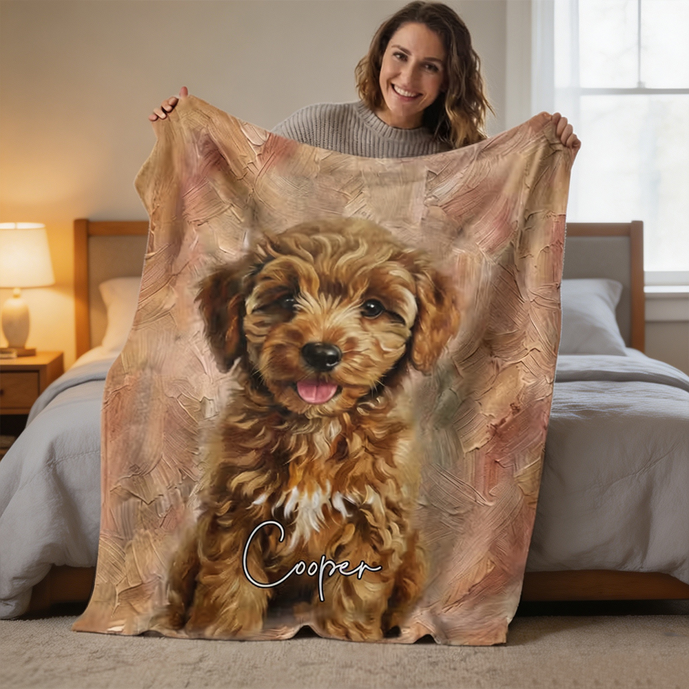 Personalized Pet Photo Throw Blanket with Name, Custom Oil Painting Style Blanket, Pet Memorial Gift for Dog & Cat Lovers