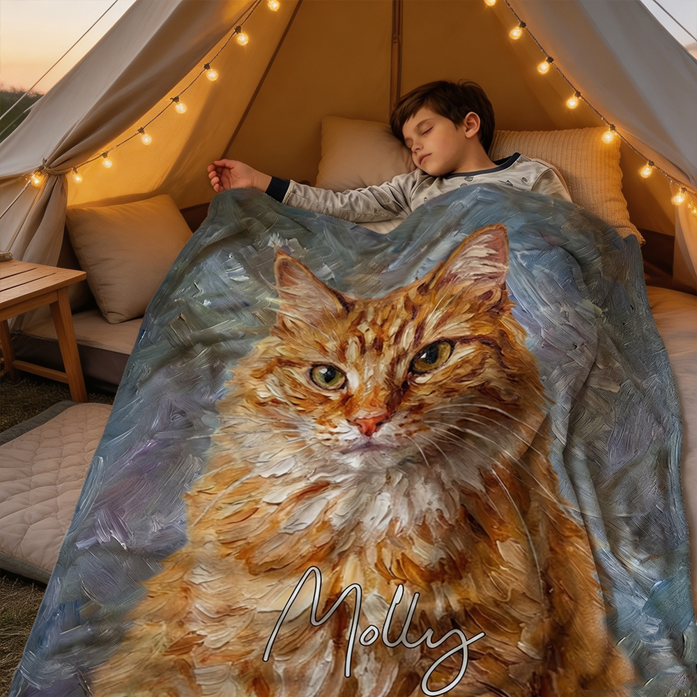 Personalized Pet Photo Throw Blanket with Name, Custom Oil Painting Style Blanket, Pet Memorial Gift for Dog & Cat Lovers
