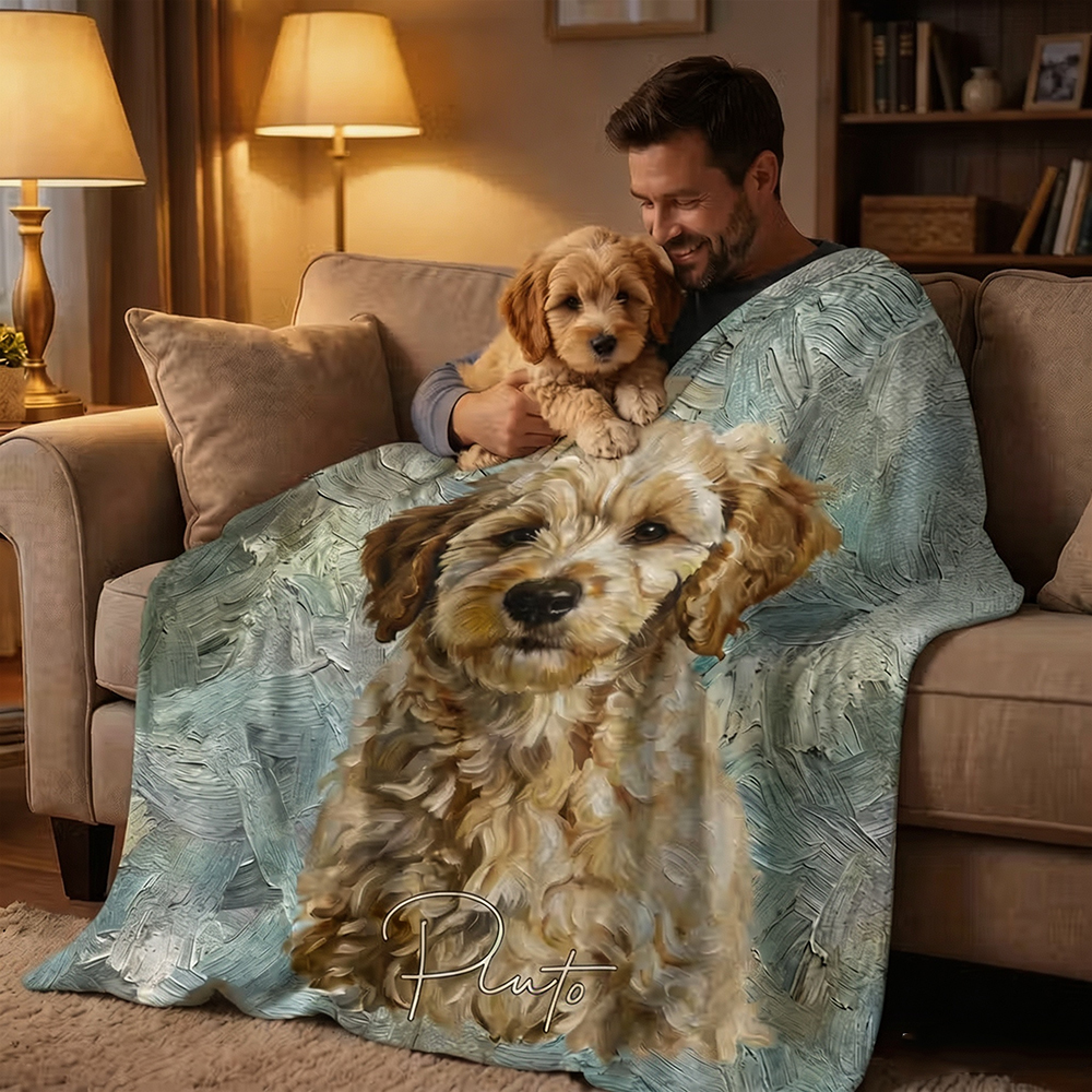 Personalized Pet Photo Throw Blanket with Name, Custom Oil Painting Style Blanket, Pet Memorial Gift for Dog & Cat Lovers