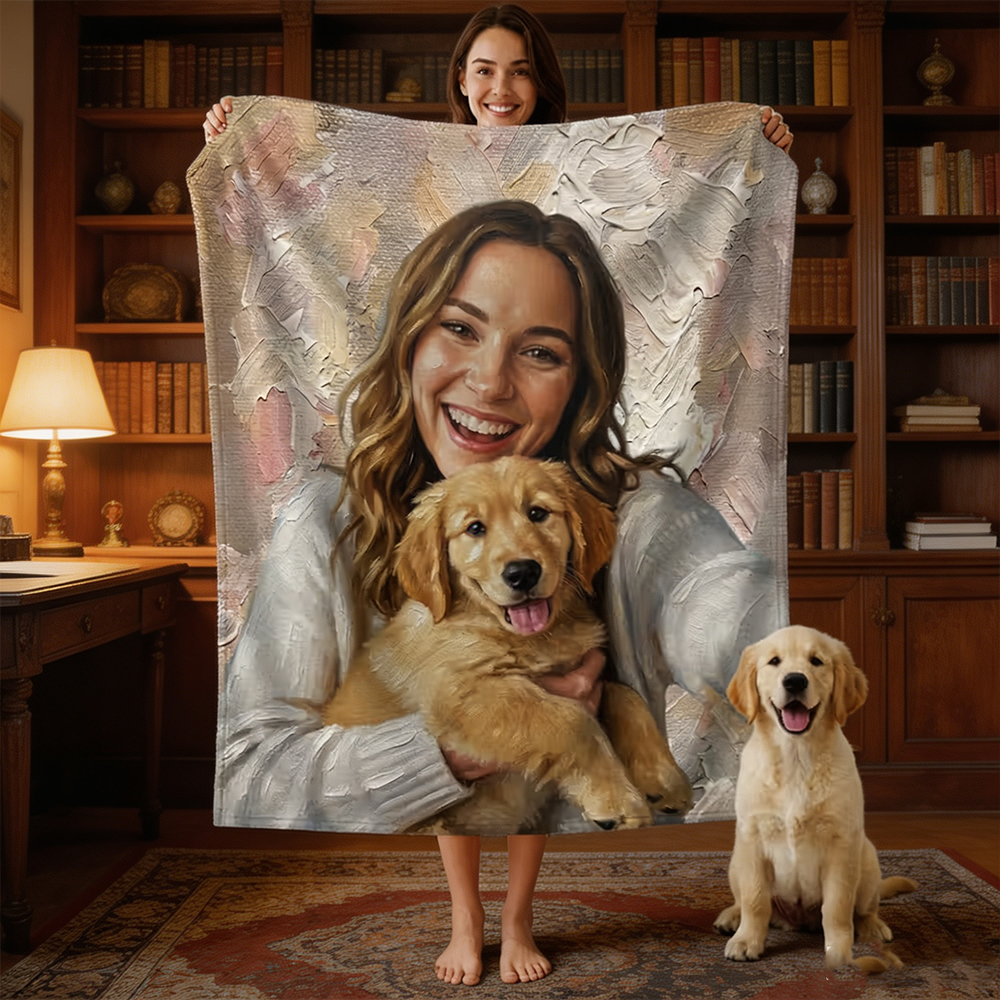 Personalized Pet Photo Throw Blanket with Name, Custom Oil Painting Style Blanket, Pet Memorial Gift for Dog & Cat Lovers