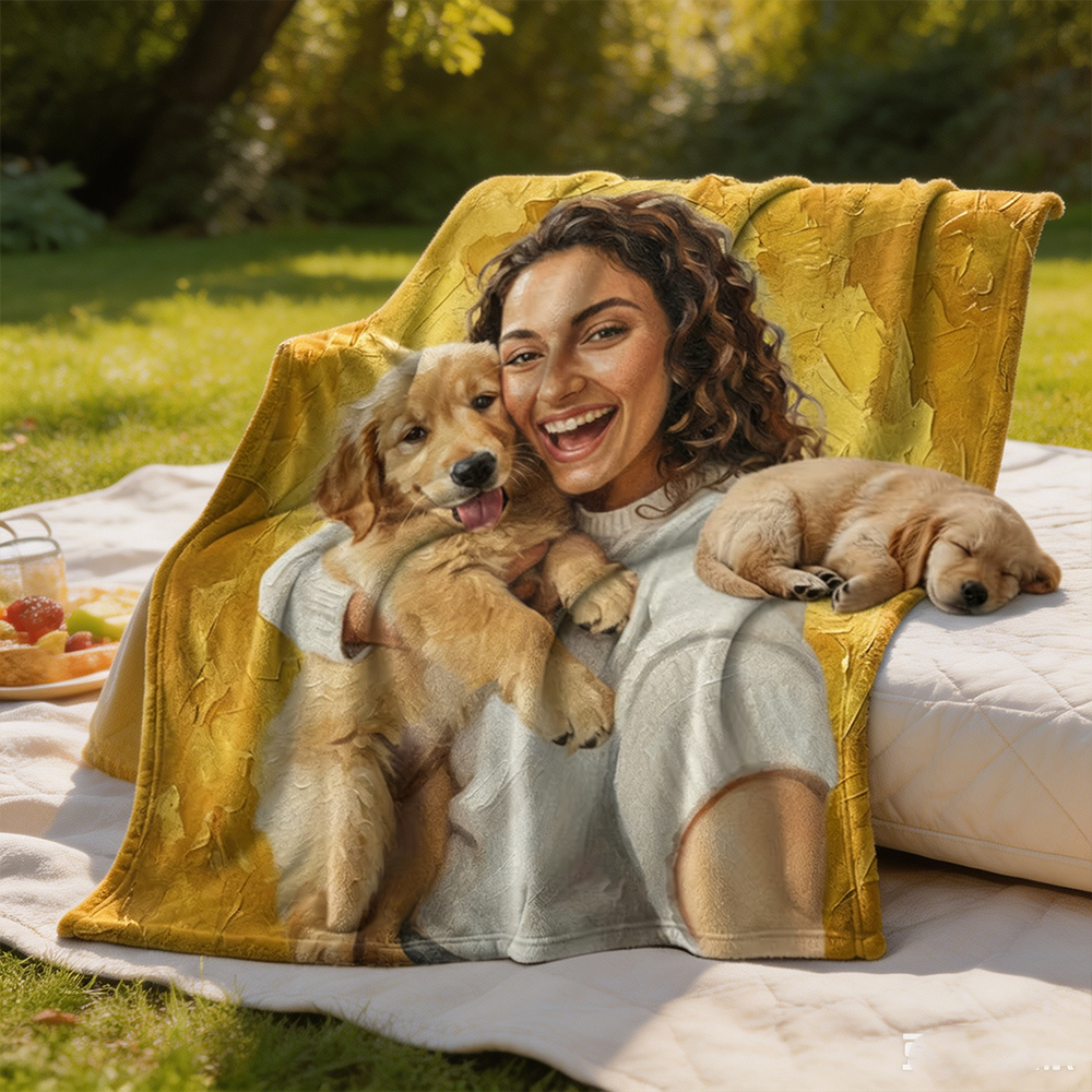 Personalized Pet Photo Throw Blanket with Name, Custom Oil Painting Style Blanket, Pet Memorial Gift for Dog & Cat Lovers